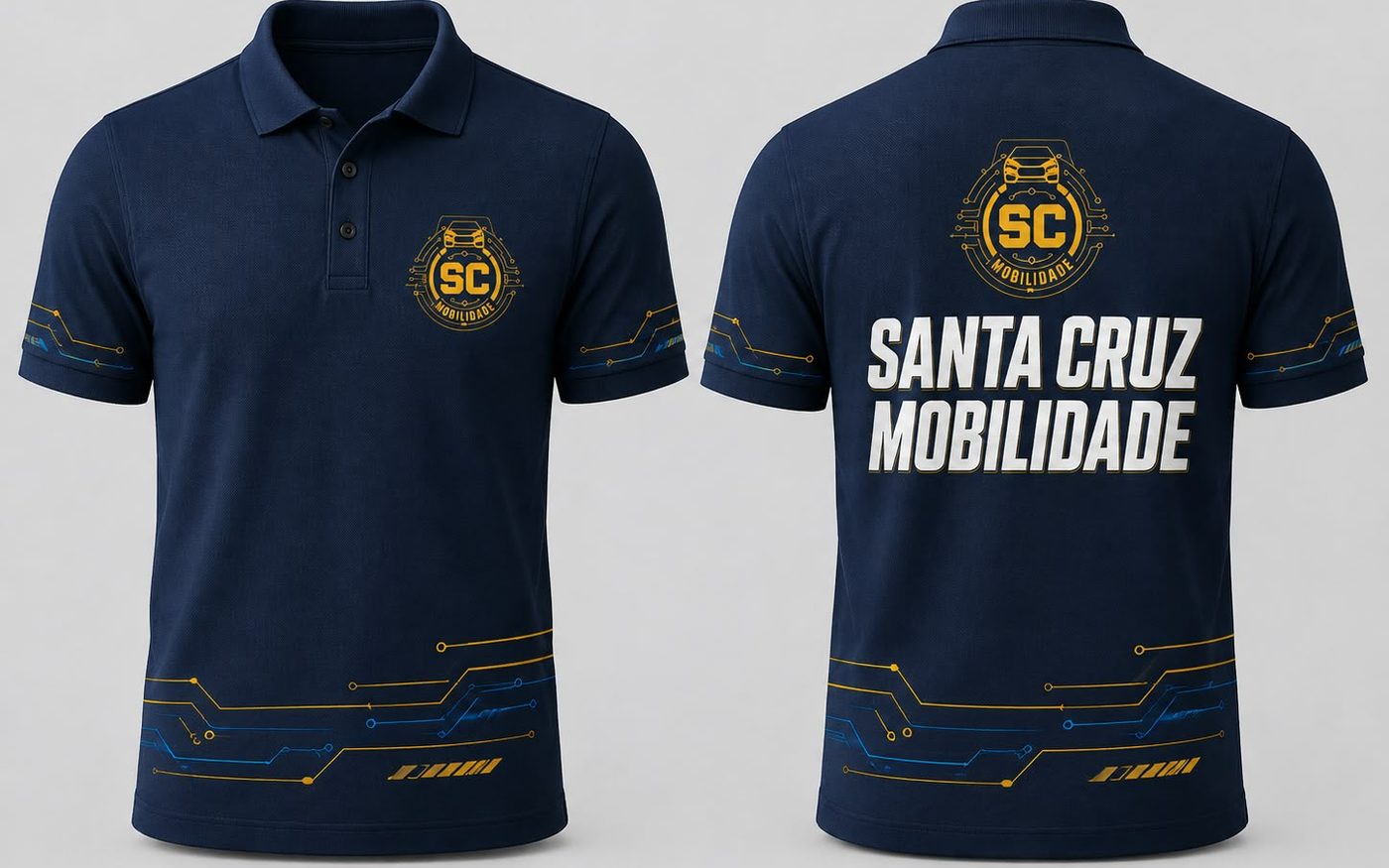 Uniforme oficial da Santa Cruz Mobilidade: camisa polo azul-marinho com o logotipo dourado e grafismos